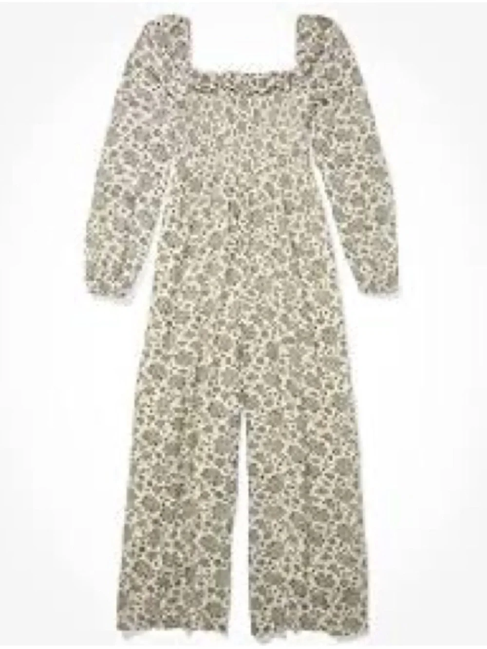 AMERICAN EAGLE WOMEN BEIGE FLORAL SMOCKED PUFF-SLEEVE JUMPSUIT - Picture 8 of 13